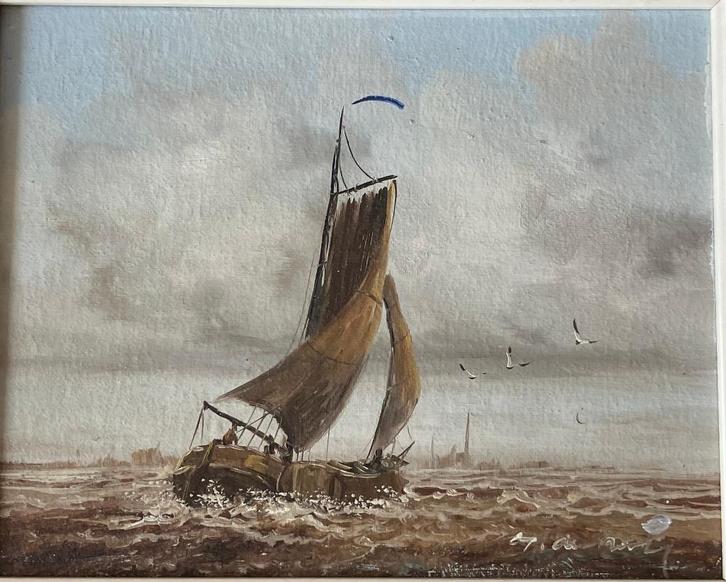 Olieverf schilderij op paneel, botter op open zee, Antiek en Kunst, Kunst | Schilderijen | Klassiek, Verzenden
