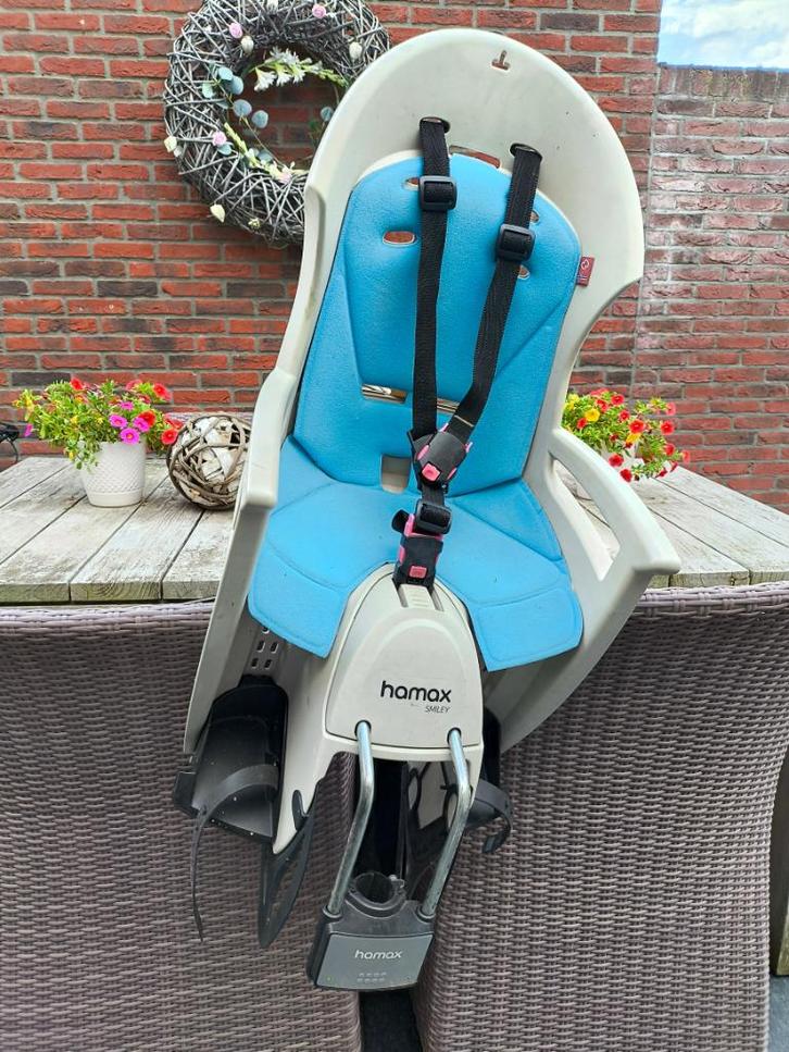 Hamax Smiley fietsstoel, Fietsen en Brommers, Fietsaccessoires | Fietsstoeltjes, Gebruikt, Achterzitje, 0 t/m 18 kg, Voetsteuntjes