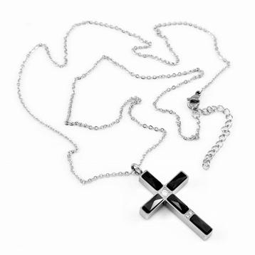 RVS Dames Kabelketting + Kruishanger Zwarte Zirkonen beschikbaar voor biedingen