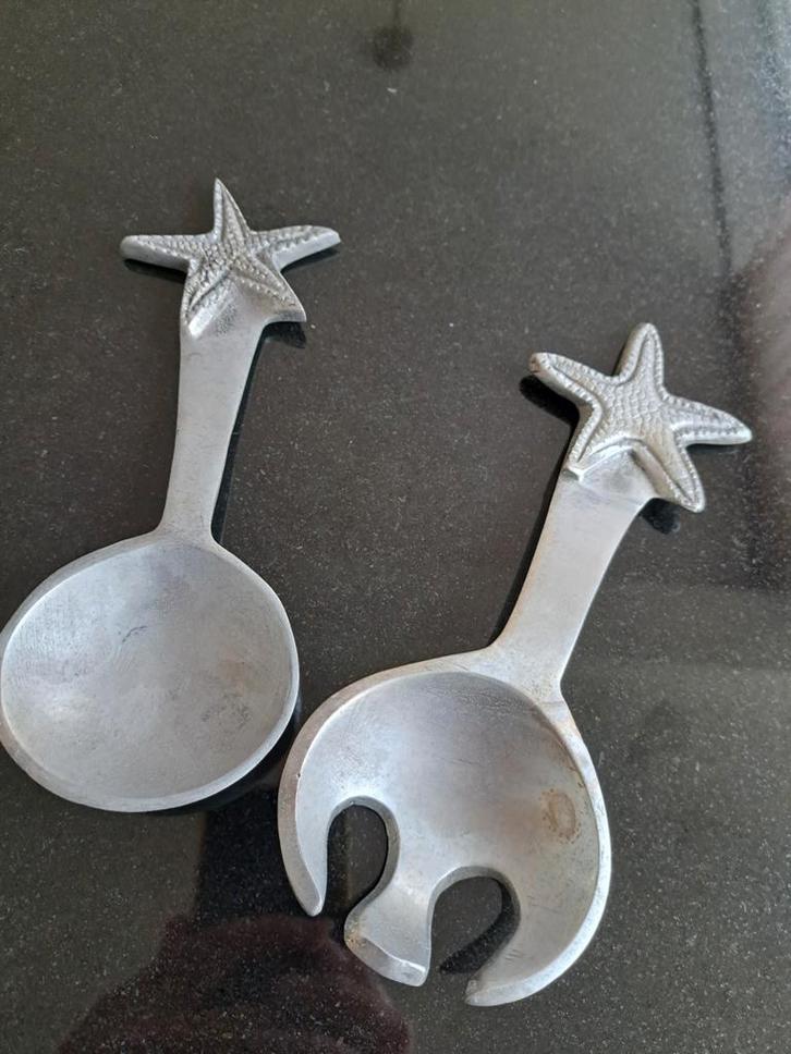 Aluminium Saladecouvert met Zeester, Huis en Inrichting, Keuken | Bestek, Gebruikt, Los bestek, Overige materialen, Ophalen of Verzenden