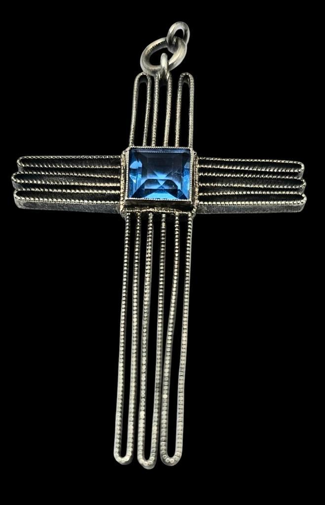 Art Deco Zilveren kruis facetgeslepen Aquamarijn steen, Sieraden, Tassen en Uiterlijk, Antieke sieraden, Hanger, Zilver, Verzenden