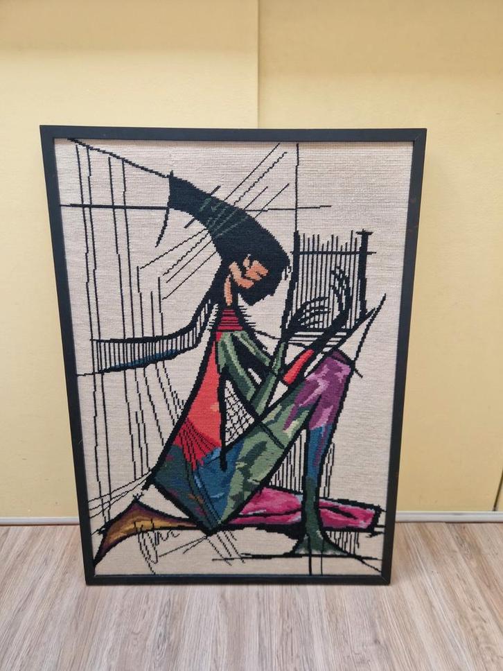 Geborduurd schilderij 'De Harpspeelster', Antiek en Kunst, Antiek | Kleden en Textiel, Ophalen