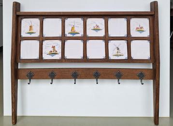 vintage antieke kapstok 6 haken / 12 oude tegeltjes 100x85cm beschikbaar voor biedingen