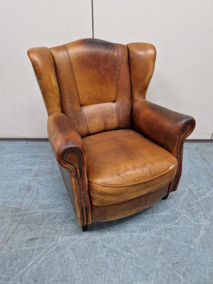 Vintage oorfauteuil schapenleer van het merk Joris, Huis en Inrichting, Fauteuils, Gebruikt, Leer, Minder dan 50 cm, 75 tot 100 cm