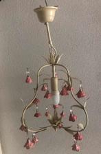 Crèmekleurige Franse brocante kroonluchter porcelein bloemen, Ophalen, Gebruikt, Metaal, Brocante landelijk