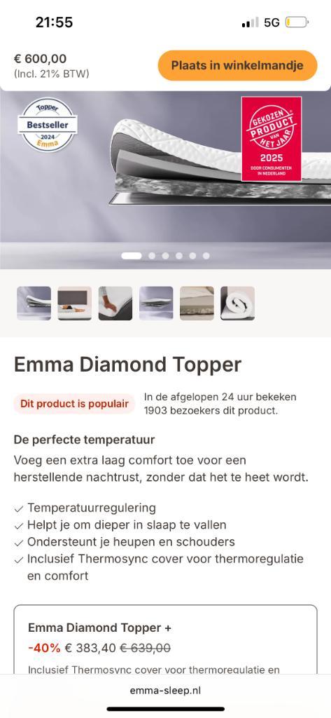 Emma diamond degree topper, Huis en Inrichting, Slaapkamer | Matrassen en Bedbodems, Zo goed als nieuw, Matras, 160 cm, 200 cm