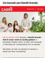 2 tickets Daniël Arends 25 oktober 22u, Tickets en Kaartjes, Twee personen, Oktober