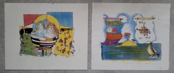 2 kleurrijke litho's 36 x 41 cm. Niet gesigneerd beschikbaar voor biedingen