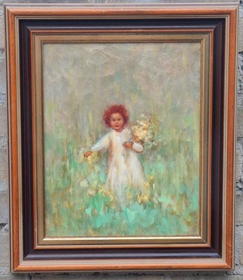 Meisje in bloemweide. Sign. 34/40  cm., Antiek en Kunst, Kunst | Schilderijen | Klassiek, Ophalen
