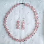 Rozenkwarts edelsteen ketting + oorbellen, Verzenden, Nieuw, Roze, Met edelsteen