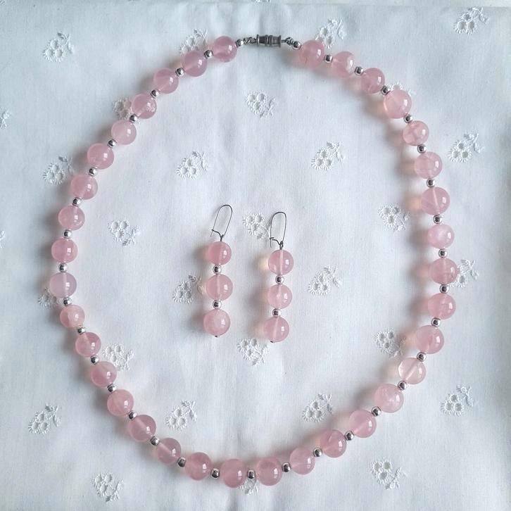 Rozenkwarts edelsteen ketting + oorbellen, Sieraden, Tassen en Uiterlijk, Kettingen, Nieuw, Steen of Mineraal, Roze, Met edelsteen