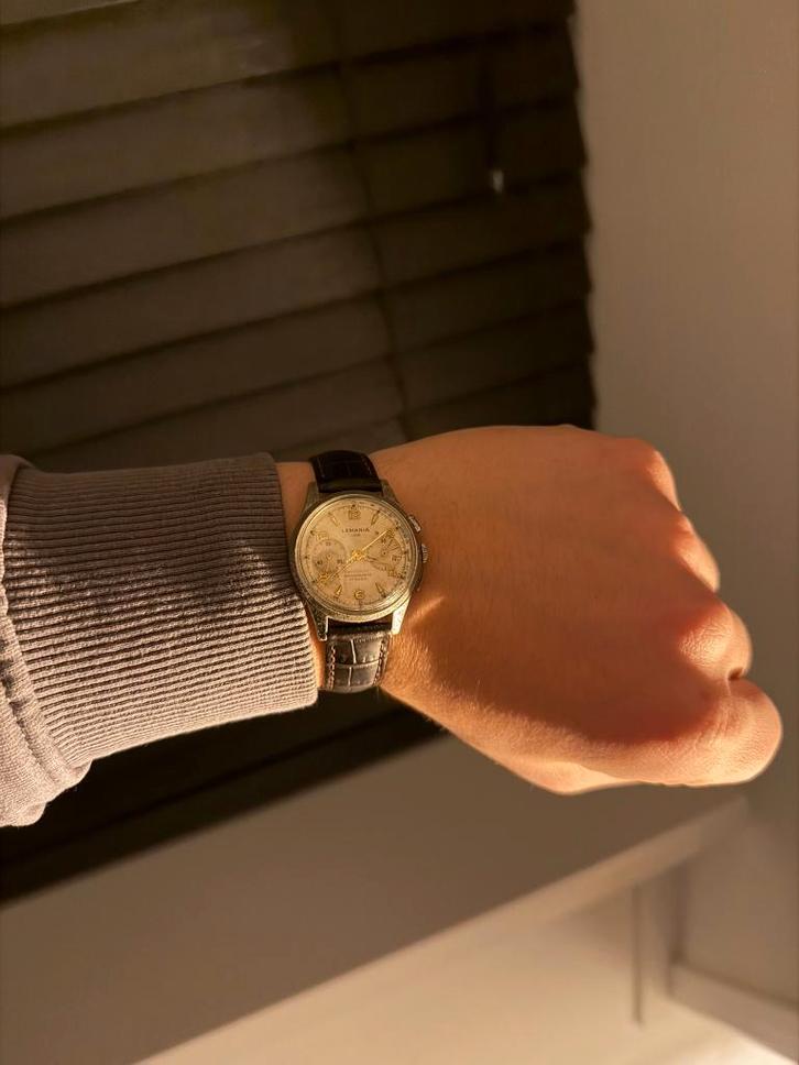 Lemania 105 chronograph 1275, Sieraden, Tassen en Uiterlijk, Horloges | Heren, Gebruikt, Polshorloge, Overige merken, Staal, Leer