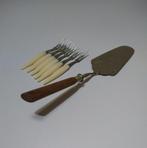Vintage gegraveerde taartschep houthandvat & taartvorkjes'50, Ophalen of Verzenden