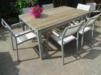 Moderne tuinset - tafel 165x100 cm met 6 stapelbare stoelen, Tuin en Terras, Ophalen, Gebruikt, 6 zitplaatsen, Rvs