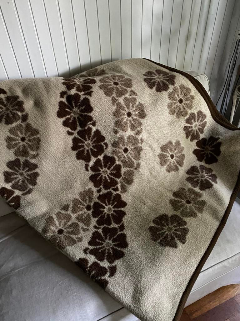 Vintage dekens dralon bruin oranje retro 2 pers, Huis en Inrichting, Woonaccessoires | Plaids en Woondekens, Verzenden, Gebruikt