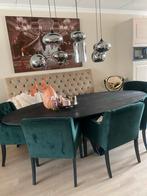 6 Donkergroene Eetkamerstoelen, Huis en Inrichting, Stoelen, Ophalen, Gebruikt, Overige kleuren, Stof