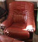 Bankstel, eiken romp, leren kussens, Huis en Inrichting, Ophalen, Gebruikt