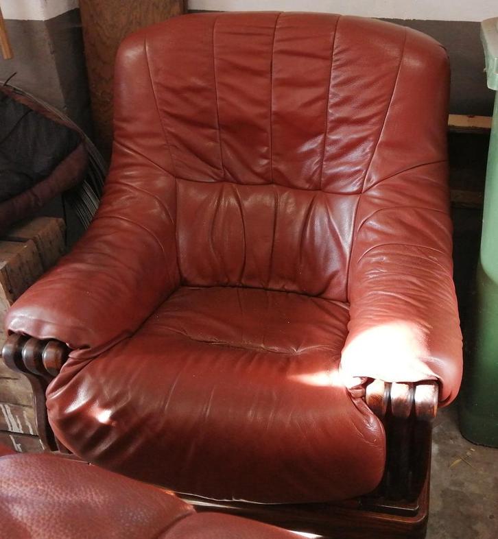 Bankstel, eiken romp, leren kussens, Huis en Inrichting, Fauteuils, Gebruikt, Ophalen