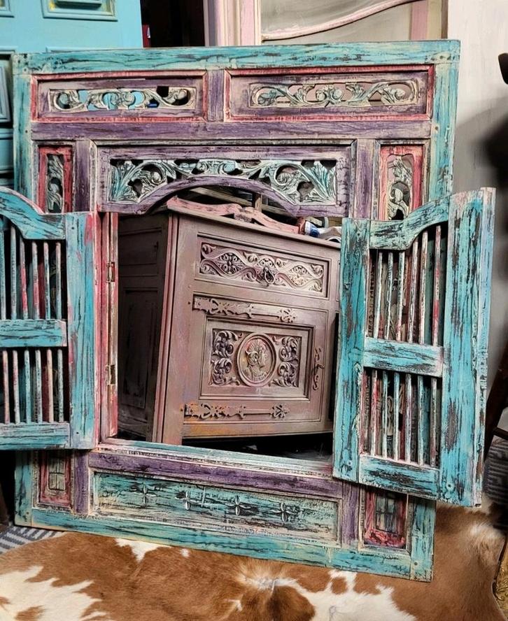 Shabby/Houtsnijwerk/Indisch/Luik/Spiegel, Antiek en Kunst, Curiosa en Brocante, Ophalen of Verzenden