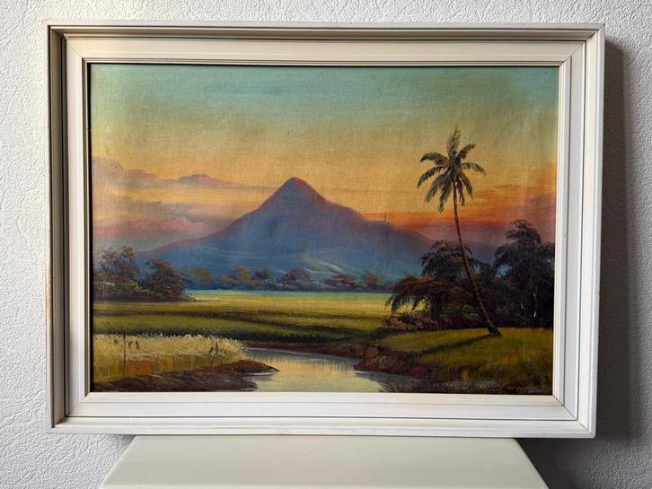 Olieverfschilderij Tropisch Landschap, Antiek en Kunst, Kunst | Schilderijen | Klassiek, Ophalen of Verzenden