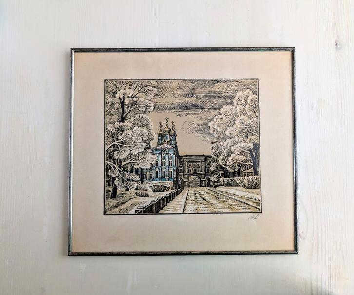 Linosnede uit Leningrad, nu St. Petersburg, Antiek en Kunst, Kunst | Etsen en Gravures, Ophalen of Verzenden