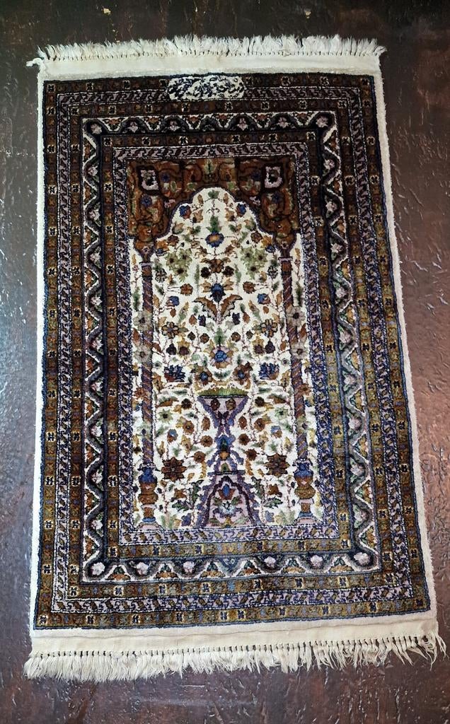 Handgeknoopt Kashmir zijden tapijt - 100x65cm, Huis en Inrichting, Stoffering | Tapijten en Kleden, Crème, 50 tot 100 cm, Zo goed als nieuw