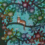 Handgeschilderd Schilderijtje Kat & Vogeltjes Nieuw 20x20 cm, Ophalen of Verzenden