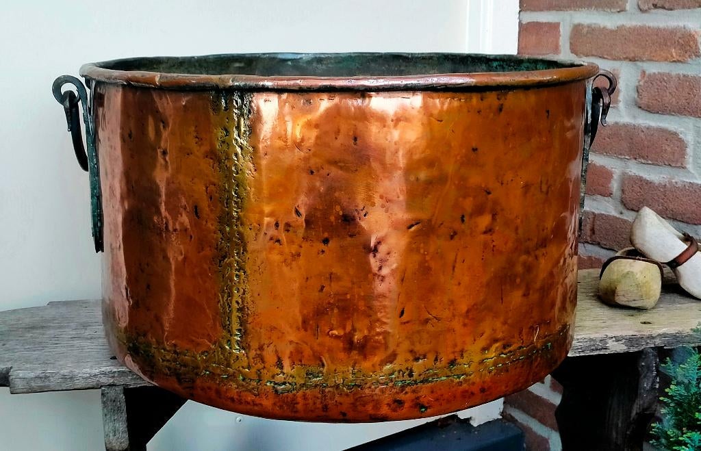Antiek Koperen Ketel - Haardhoutbak Plantenbak Bloempot, Ophalen of Verzenden, Koper