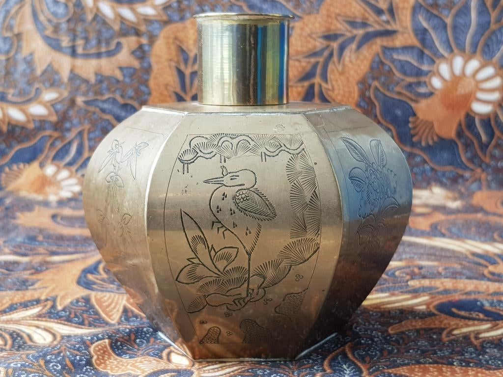 Mooie antieke Oosterse theebus van bewerkt koper 11,3 cm., Antiek en Kunst, Ophalen of Verzenden, Koper