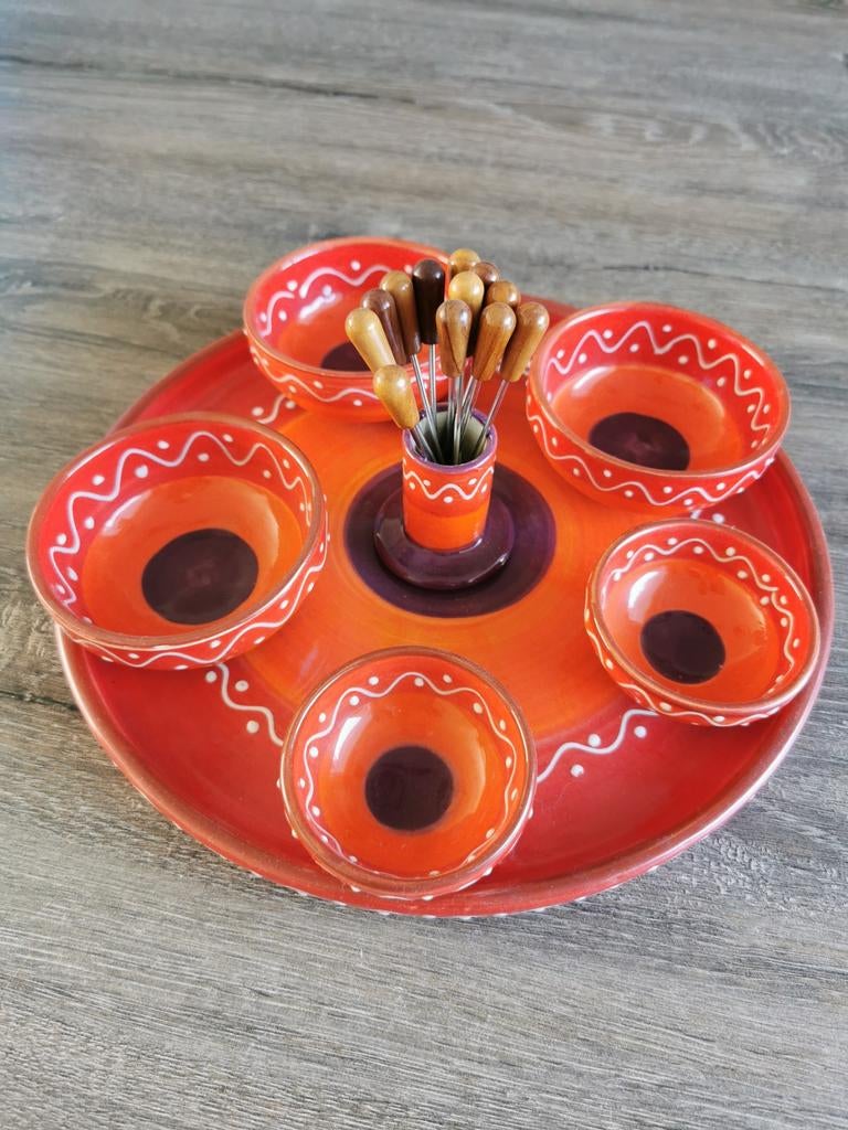 Hapjesschaal met 5 schaaltjes en prikkers, Ophalen, Zo goed als nieuw, Keramiek, Schaal of Schalen