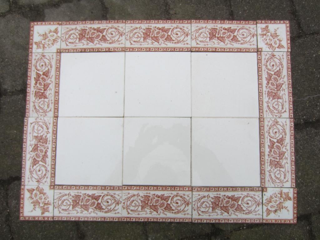60 art nouveau randtegels 7,5x15 met roodbruine bloemen, Ophalen