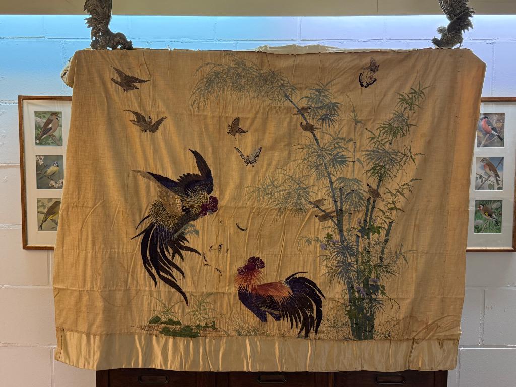 Prachtig zijden doek met vechtende hanen asiatisch, Ophalen