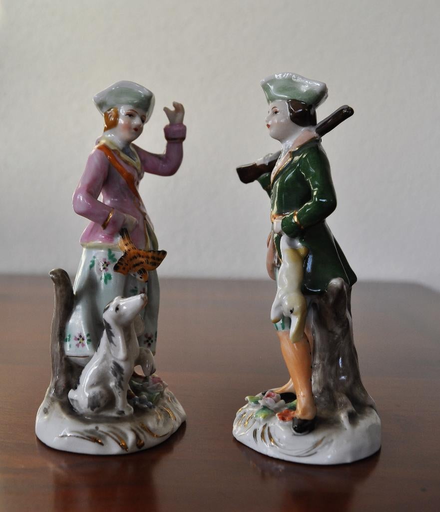Antieke Victoriaanse Beeldjes Man Vrouw Jacht 13 cm, Antiek en Kunst, Ophalen
