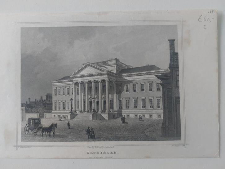 129 / Groningen het Academiegebouw Gravure uit 1860 Terwen, Antiek en Kunst, Kunst | Etsen en Gravures, Ophalen of Verzenden