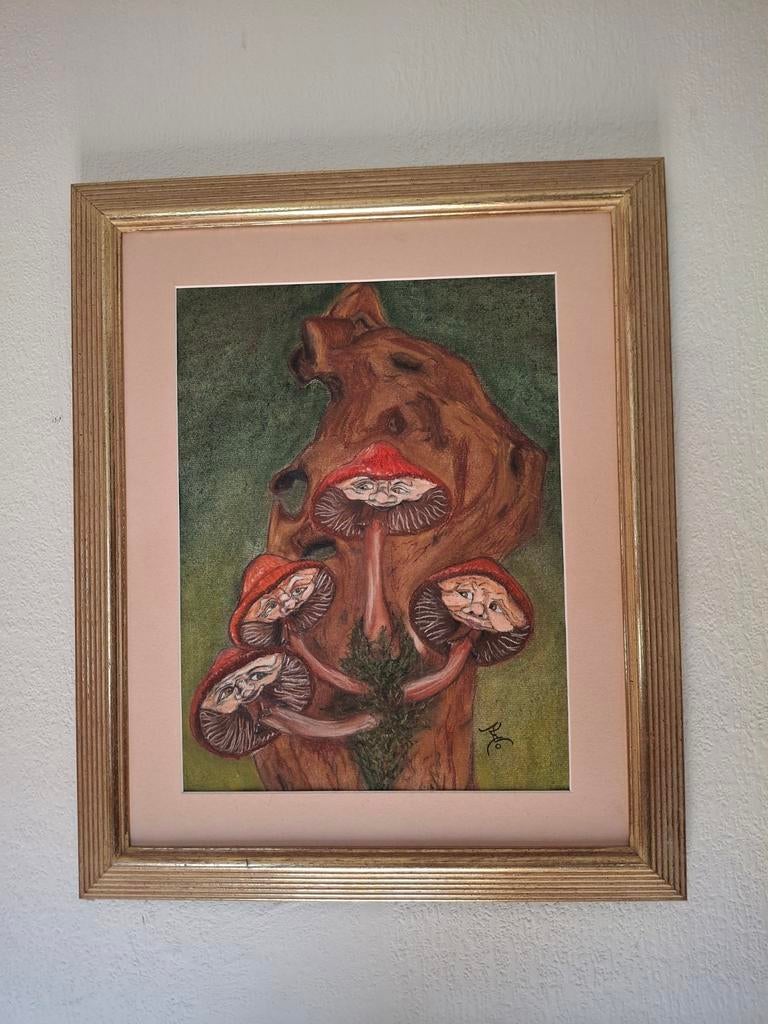 Ingelijste Paddenstoelen Illustratie - Uniek Kunstwerk, Antiek en Kunst, Ophalen of Verzenden