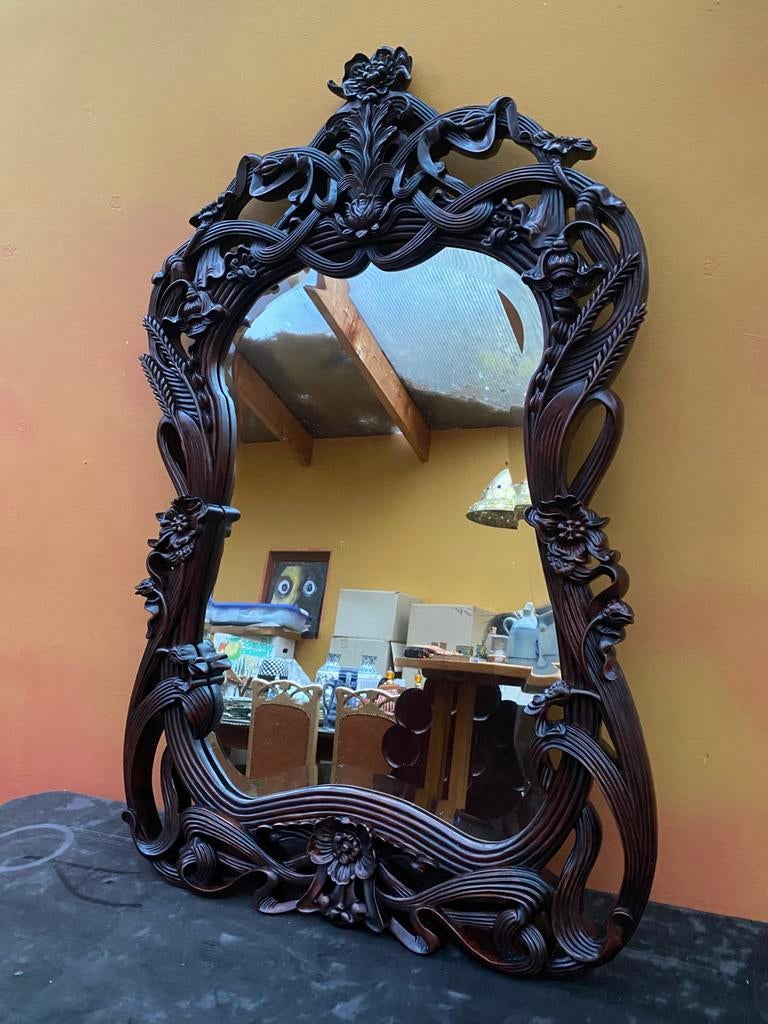 art nouveau spiegel in mahonie, Antiek en Kunst, Antiek | Spiegels, Ophalen of Verzenden, Overige vormen, 50 tot 100 cm, Minder dan 100 cm