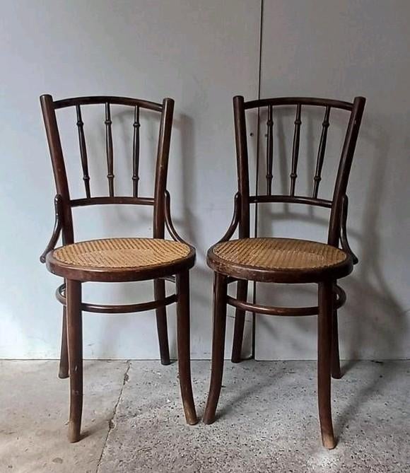 Vintage antiek setje cafe stoeltjes webbing ziting thonet, Huis en Inrichting, Stoelen, Ophalen, Gebruikt, Bruin, Twee