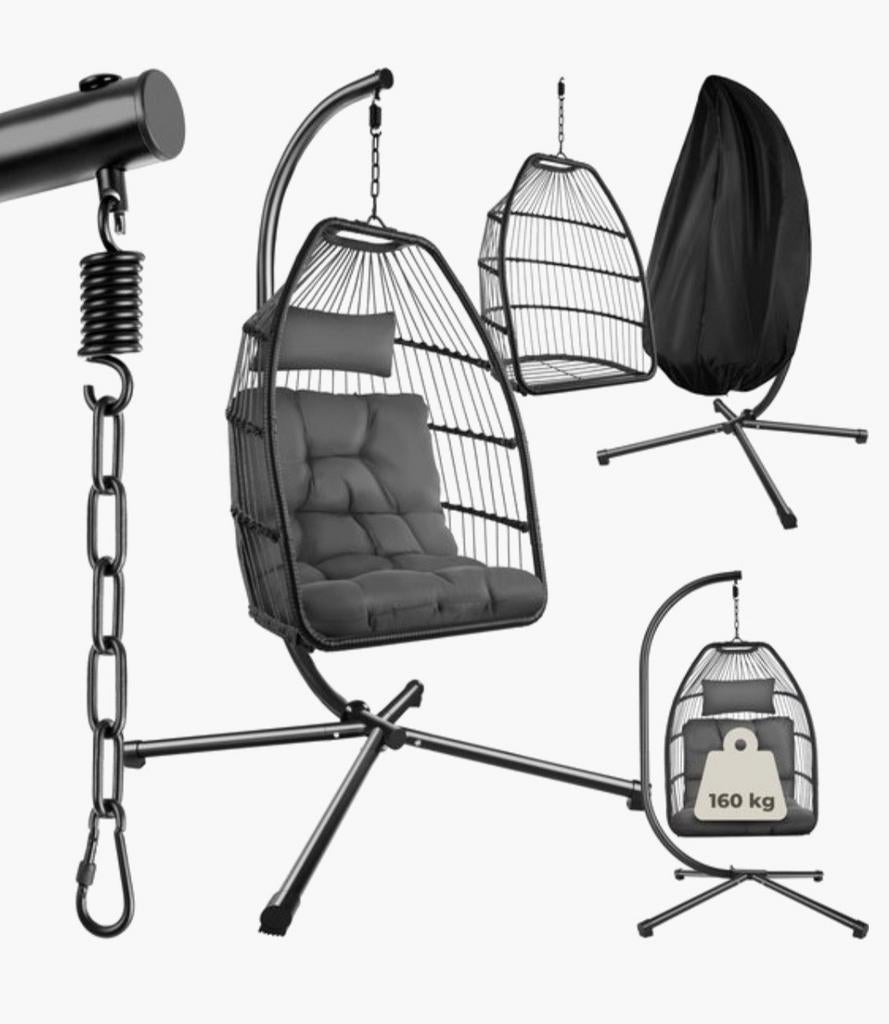 Tectake Arianna Luxe Hangstoel Egg Chair - Donkergrijs, Tuin en Terras, Tuinstoelen, Ophalen, Inklapbaar, Tectake, Nieuw