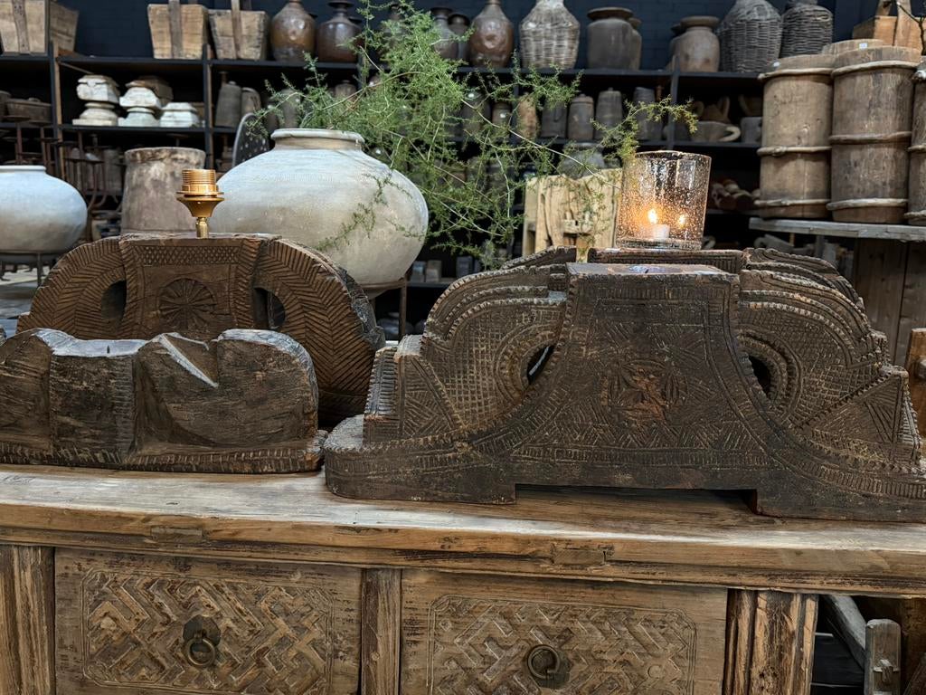 Oude houten ornamenten ornament india stoer sober landelijk, Huis en Inrichting, Ophalen, Hout, Nvt, Bruin