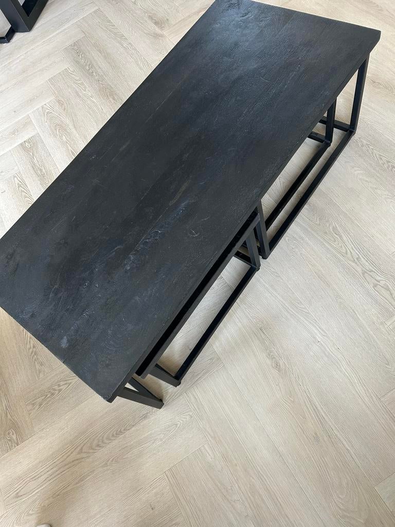 Industriële salontafel set - 3-delig - zwart hout/metaal, Huis en Inrichting, Tafels | Salontafels, Ophalen, Gebruikt, 100 tot 150 cm