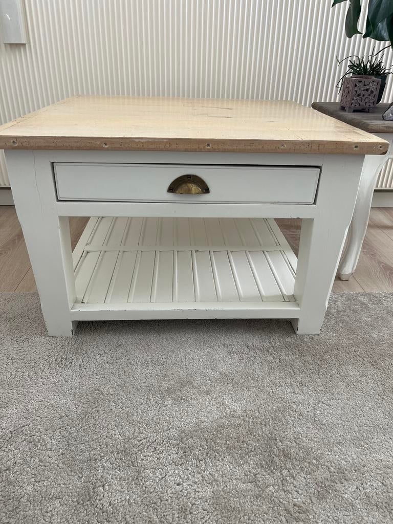 Rivièra Maison salontafel wit naturel met lade en logo, Ophalen, Gebruikt, 50 tot 100 cm, Landelijk brocante