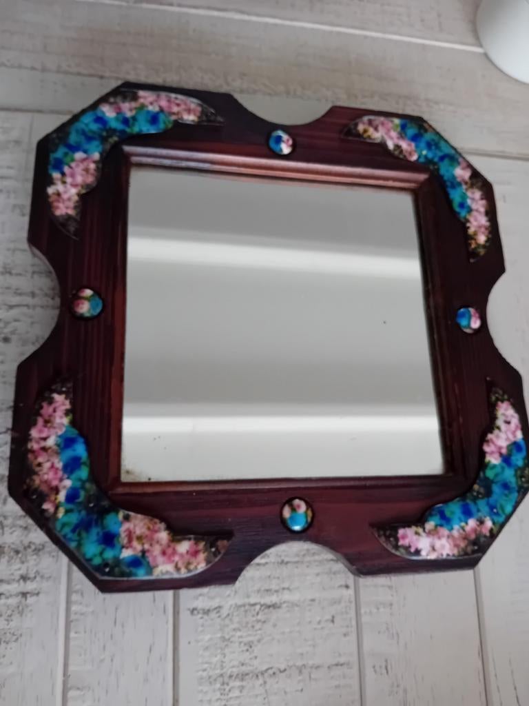 Vintage 50's Esmaltes Garcia Floral emaille spiegel Spanje, Antiek en Kunst, Ophalen of Verzenden, Rechthoekig, Minder dan 50 cm