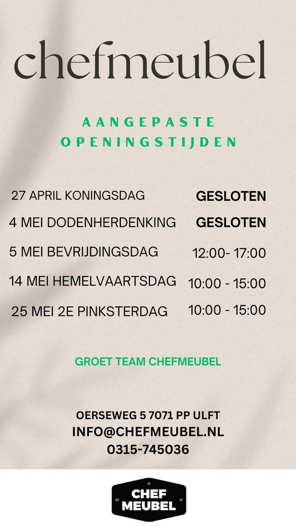 Aangepaste openingstijden Chefmeubel, Ophalen of Verzenden, Nieuw