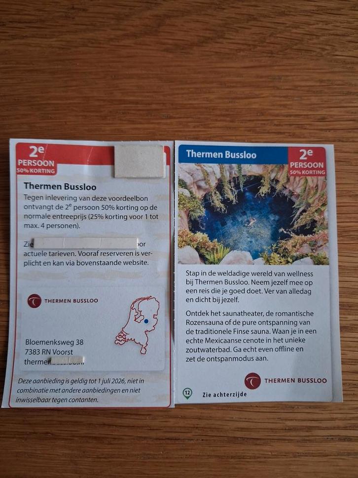 SAUNA THERMEN BUSSLOO 2E PERSOON 50% KORTING!, Tickets en Kaartjes, Kortingen en Cadeaubonnen, Twee personen, Spa of Sauna, Kortingsbon