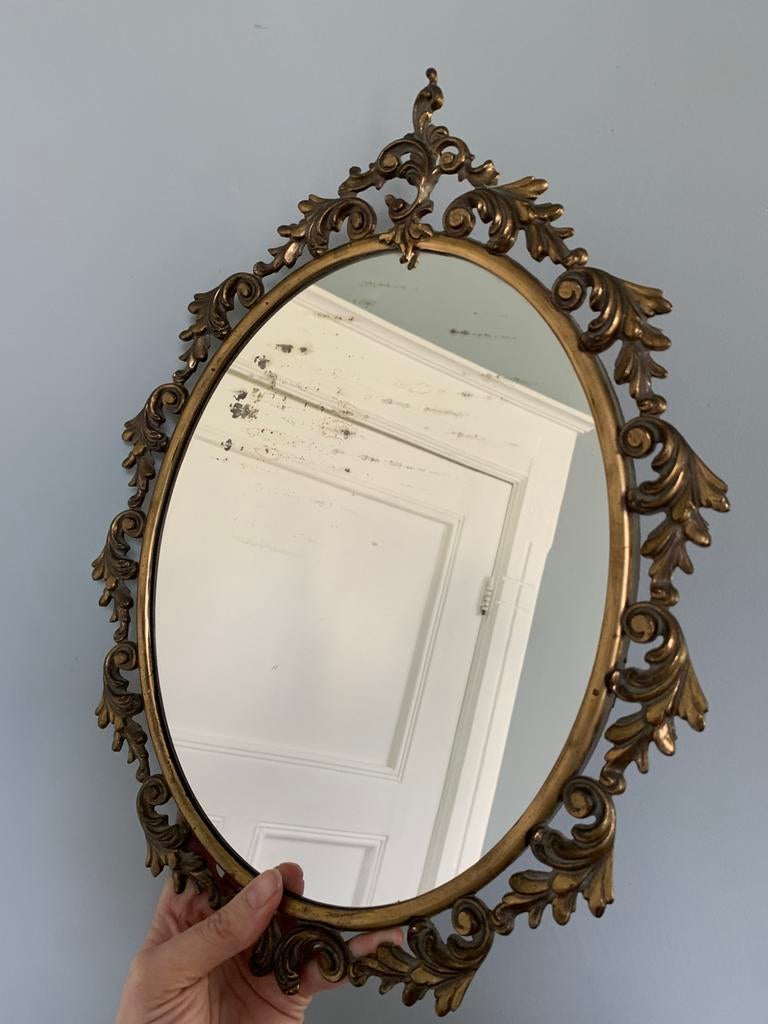 Vintage barok rococo spiegel ovaal Italiaans messing ‘50 ‘60, Ophalen of Verzenden, Ovaal, Minder dan 50 cm, Minder dan 100 cm