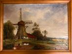 Schilderij olieverf op doek landschap met molen gesigneerd, Ophalen of Verzenden
