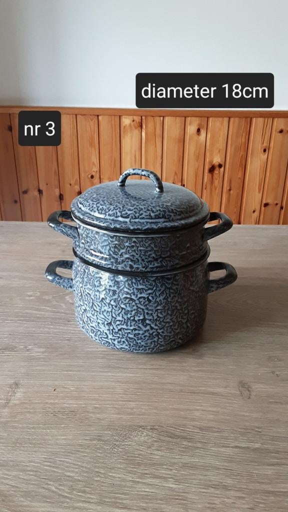 EMAILLE GRIJSGEWOLKTE STOOMPAN DIAMETER 18CM., Antiek en Kunst, Antiek | Emaille, Ophalen of Verzenden