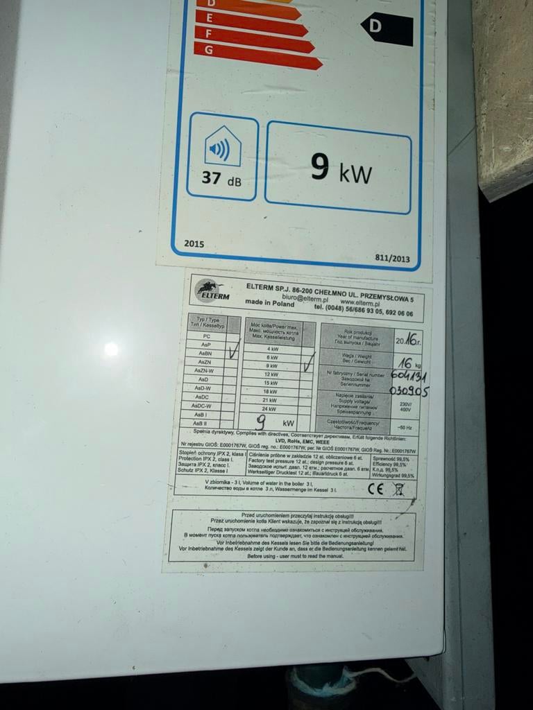 Elterm 9kW elektrische CV ketel, Ophalen, 30 tot 80 cm, Gebruikt, Cv-ketel of Combi-ketel