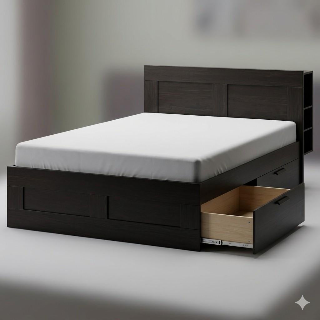 BRIMNES Bedframe met opberger en bedeinde., Ophalen, Overige materialen, Zwart, Tweepersoons