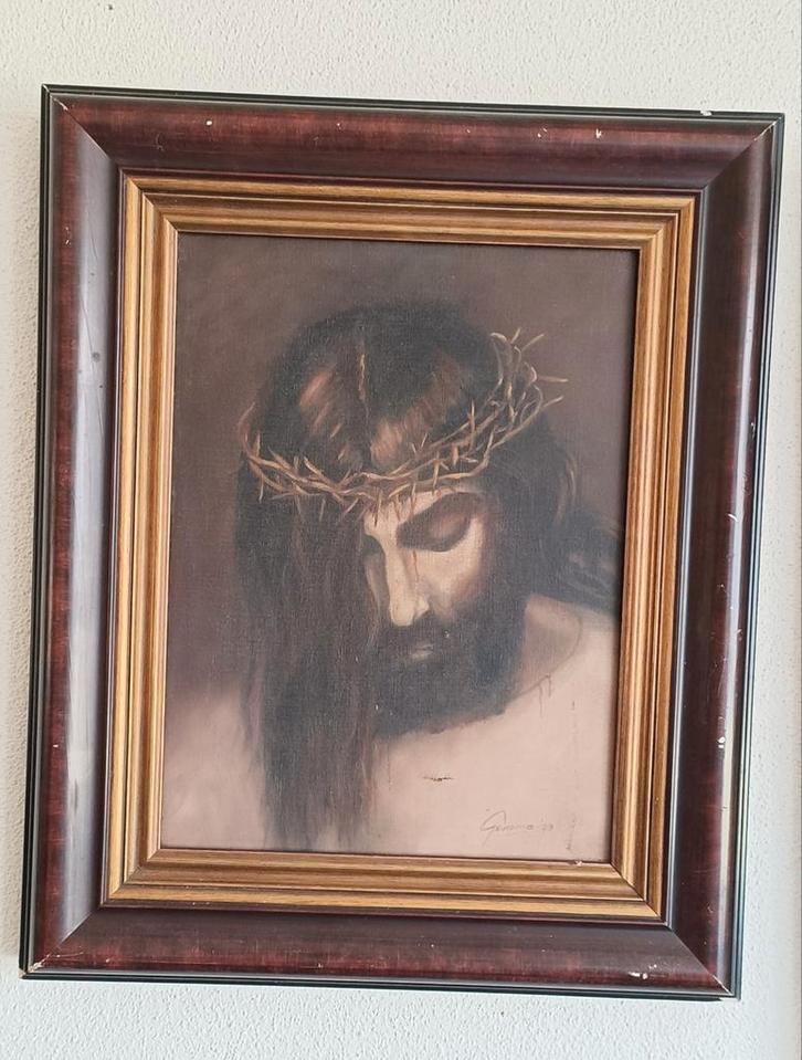 Religieus olieverfschilderij Jezus met houten lijst, Antiek en Kunst, Kunst | Schilderijen | Klassiek, Ophalen of Verzenden